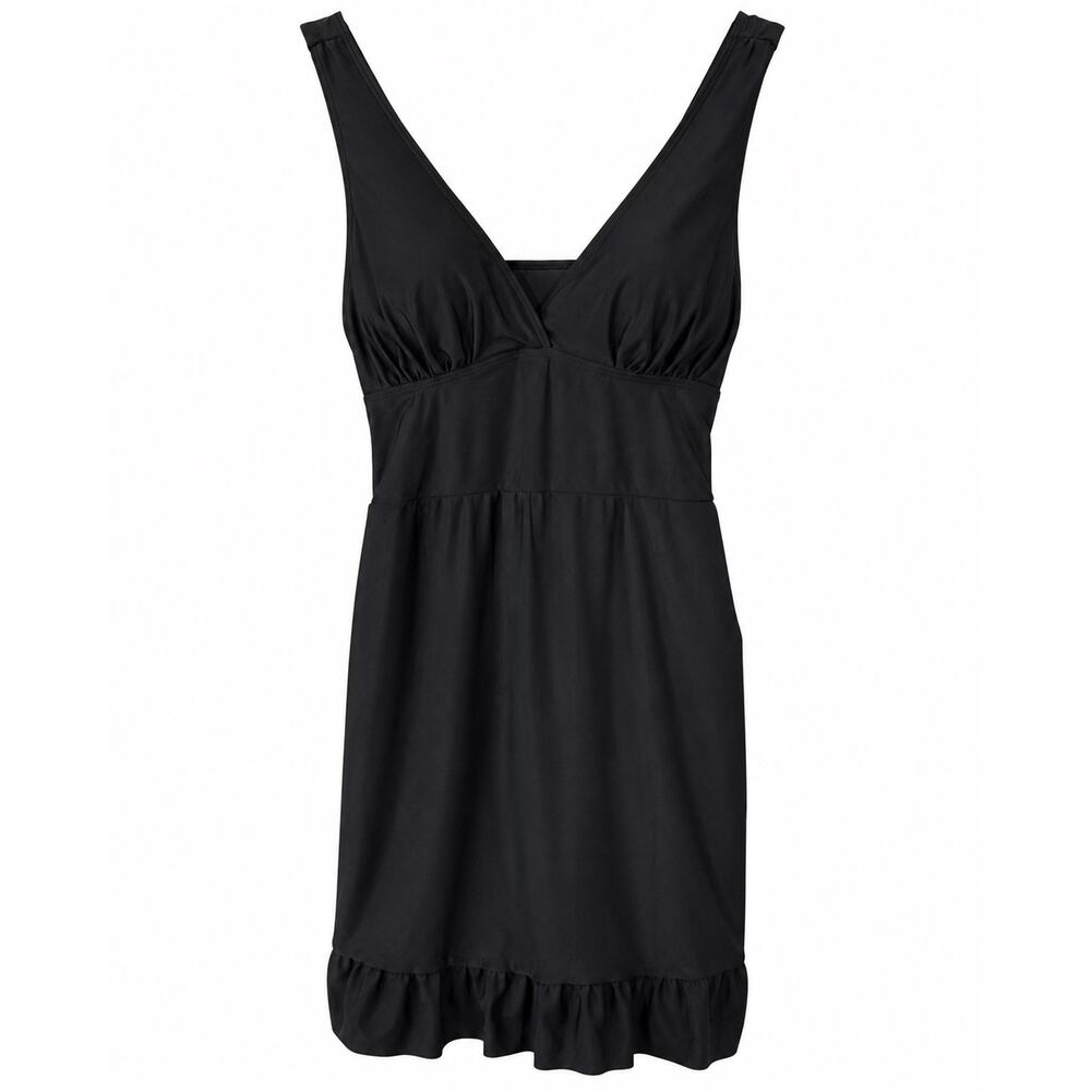 Black Swim Dress Women 0XL Plus V Neck Ruffle Hem Modest One Piece Swim